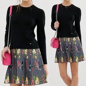 Ted Baker Black and Floral Pleated Dress